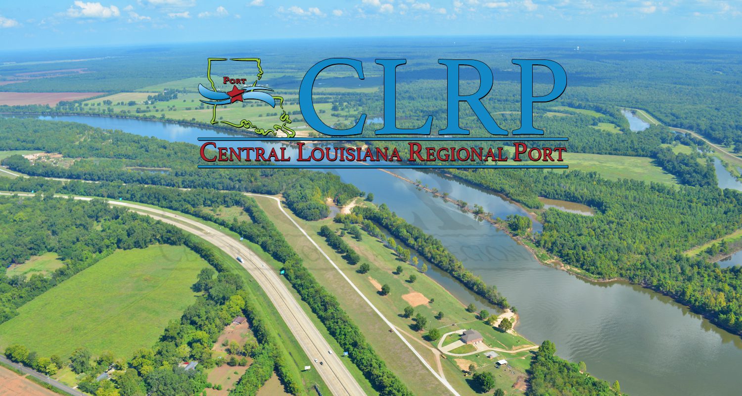 Aerial view of a winding river with surrounding greenery, featuring the central louisiana regional port logo.